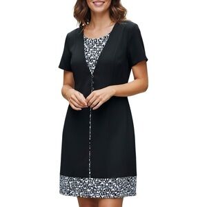 Lisa Jo Black Dress with Geometric Print Trim | Size 7/8